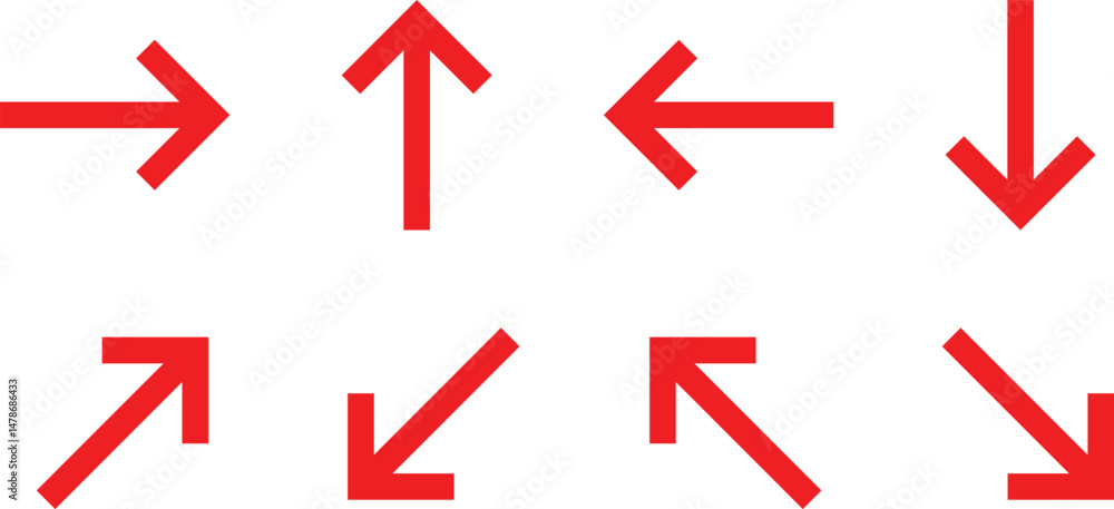 Poster set of red different direction arrow vector illustration.