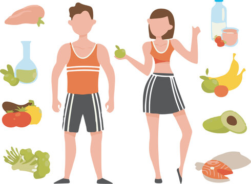 Vector illustration of healthy lifestyle with fitness couple and balanced nutrition items