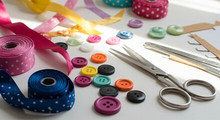 Colorful Buttons, Ribbons, and Scissors