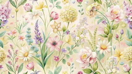 Soft Spring Garden Floral Pattern, Pastel Hues, Botanical Illustration, Nature Background