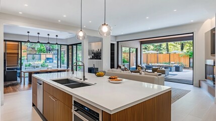 Interior of modern kitchen with island, built-in oven and white counters