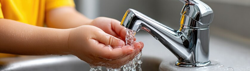 A child washes hands under a running faucet in a clean, modern sink, emphasizing hygiene and water use.