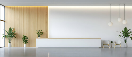 Modern Minimalist Office Lobby With Wood Accents
