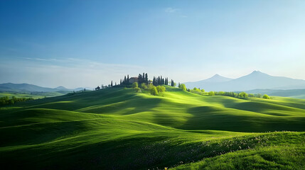 Rolling Green Hills With Ancient Villas And Misty Mountains