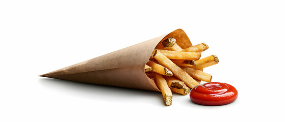 Crispy Golden Brown French Fries in Paper Cone with Ketchup