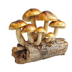 Mushrooms growing on log, showcasing their unique shapes and textures, create natural and earthy aesthetic. rich colors and details highlight beauty of fungi in nature