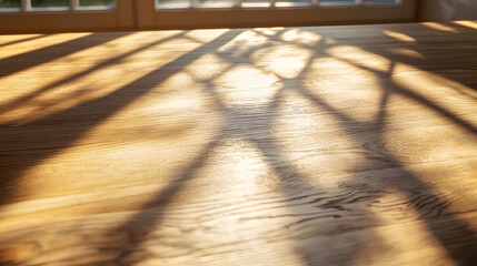 Sunlight casting shadows on wooden table indoor space photograph natural light environment close-up view golden hue effect