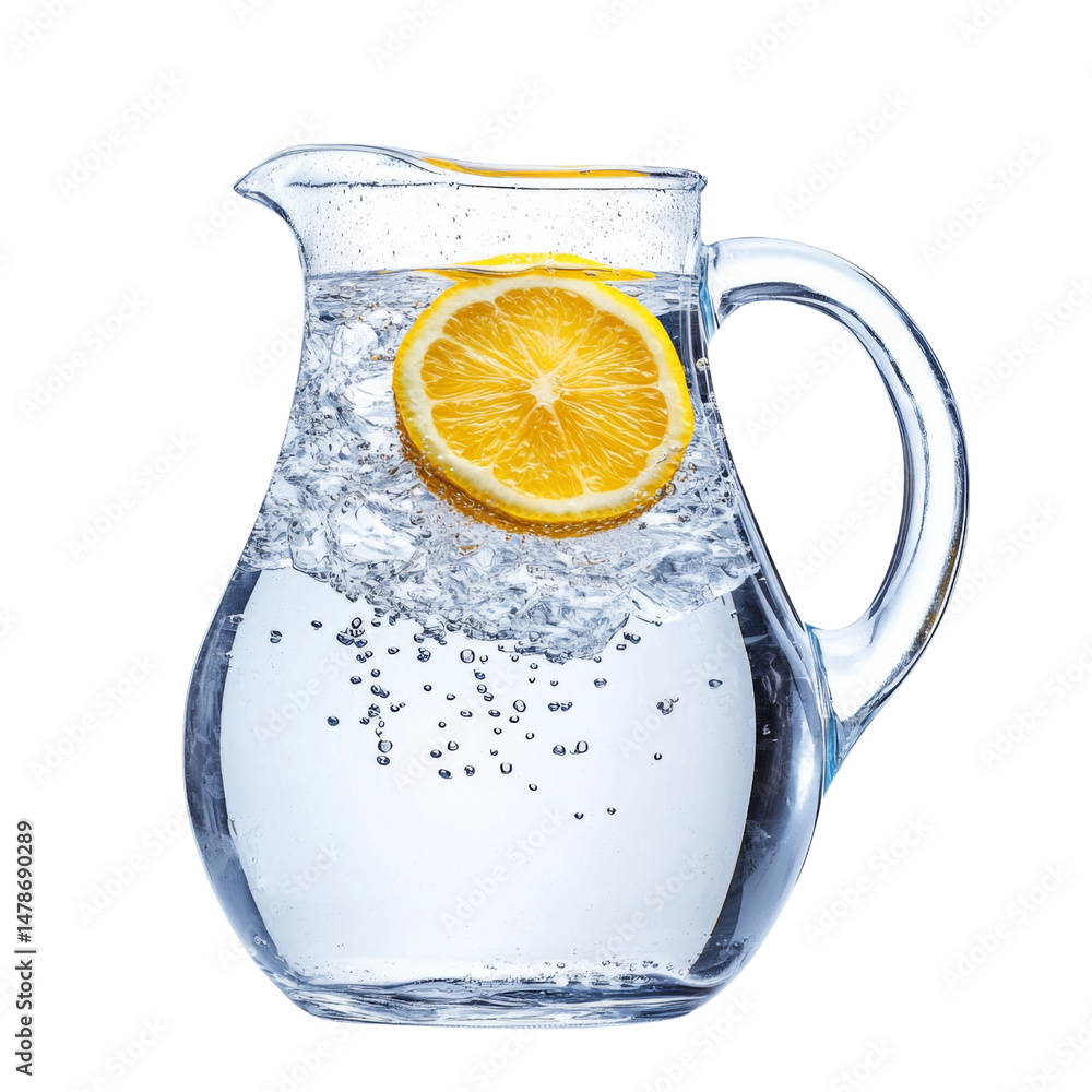 Poster refreshing water pitcher with lemon slices and ice, perfect for hydration and summer gatherings. enj