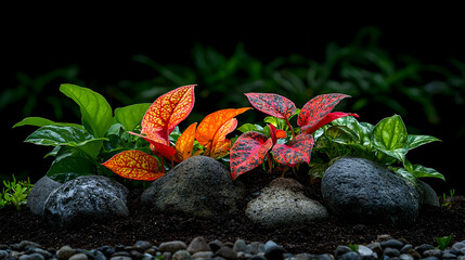 Colorful Tropical Plants On Dark Background
