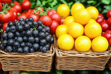 Baskets of fresh black grapes and yellow lemons displayed at a vibrant outdoor fruit market.