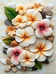 Delicate flowers, stones, and leaves