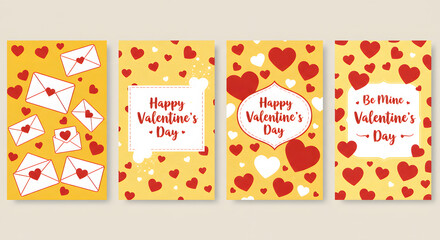 Four yellow Valentine's Day greeting cards lined up in a row