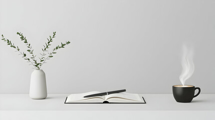 Minimalist Workspace With Coffee Book And Plant