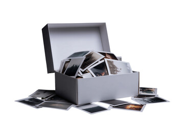 Collection Of Vintage Photographs In An Open White Box On a Transparent Background