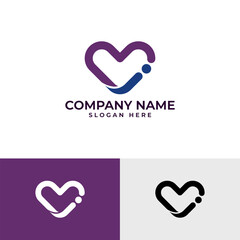 A modern logo features a stylized heart shape formed by rounded lines in shades of purple and blue. A small blue dot accents the right side, adding a unique touch. It conveys love, connection, or care