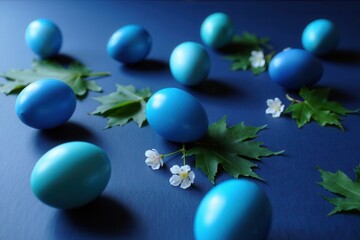Pastel Blue Easter Eggs with Spring Flowers  
