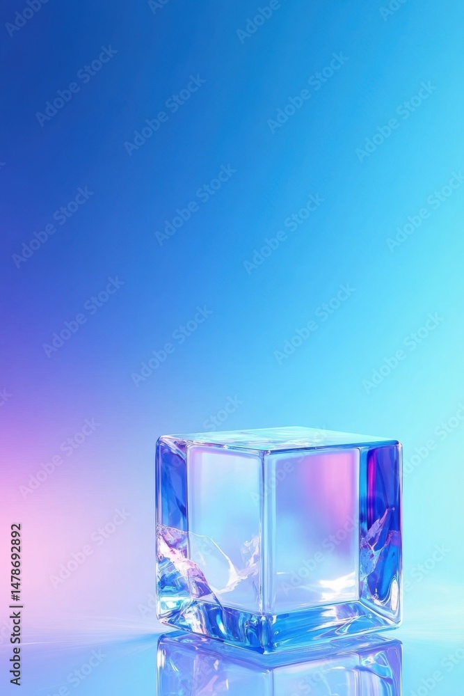 Poster abstract ice cube on blue gradient background studio shot minimalist aesthetic with reflection and c