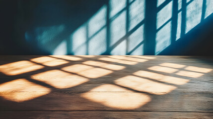 Sunlight casting shadows on a wooden table indoor photography natural light top-down view soft atmosphere