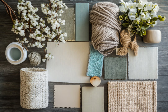 A sky-high view of an interior designer's mood board, featuring a collection of paint swatches, fabric samples, textures, and design inspirations neatly arranged on the wall.