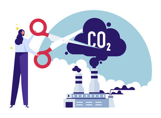 Air pollution with carbon dioxide concept, businesswoman uses scissors to cut air pollution, co2 , ecological problems. Cutting harmful industry emissions with large scissors