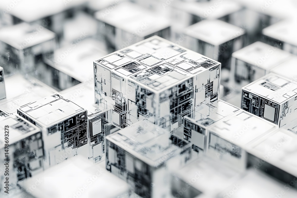 Poster abstract futuristic background of metallic cubes with intricate details representing digital technol