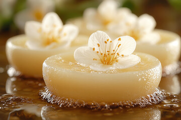Soft, round soaps with delicate white flowers on top, sitting on a reflective surface in a serene setting.