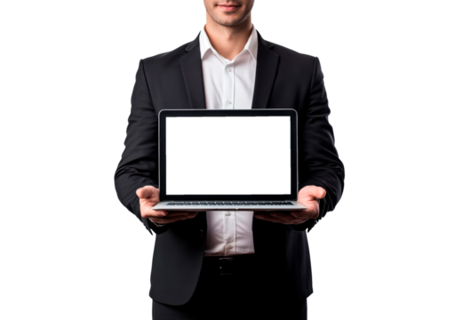 A businessman in a suit holding a laptop with a blank screen isolated on transparent background