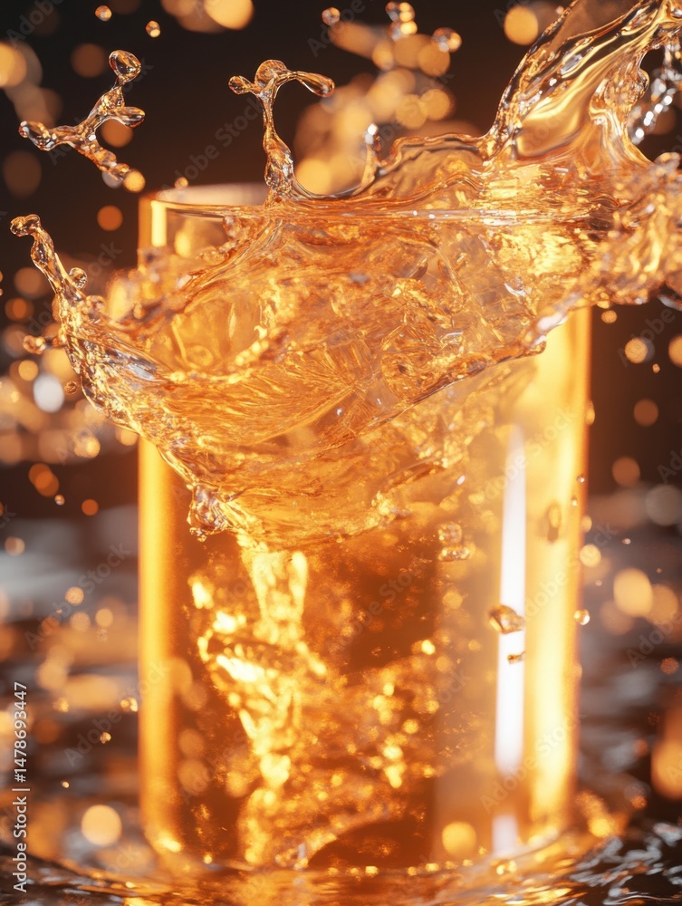 Poster golden liquid splashing from glass in dynamic high speed shot with bokeh background and warm light f