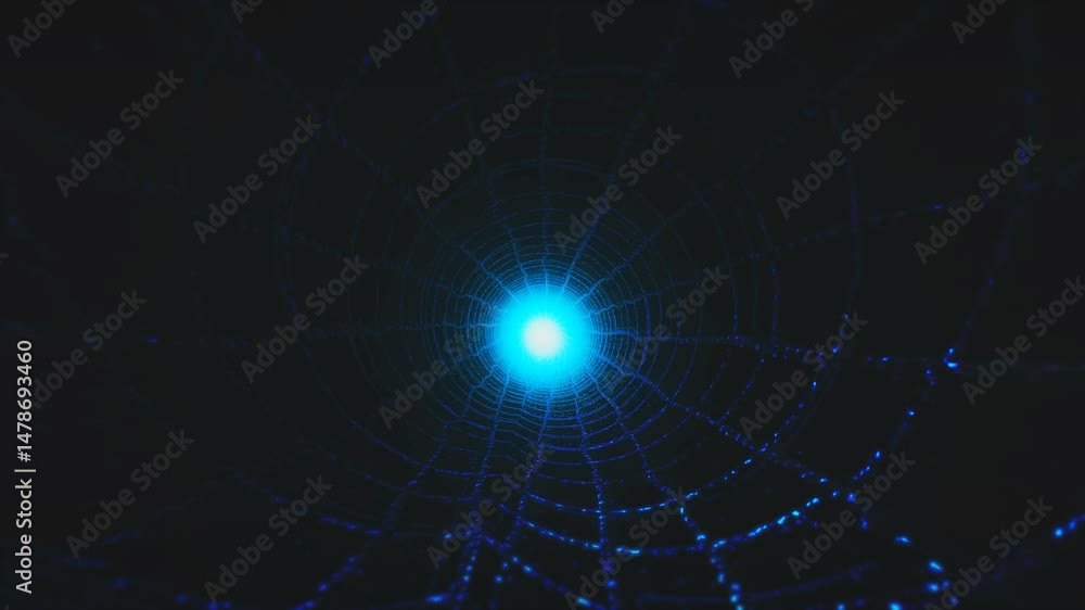 Poster a mesmerizing view showcases a glowing web illuminated by blue light, creating a striking contrast a