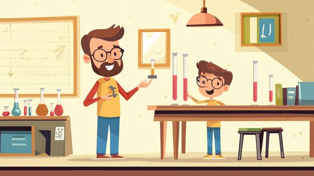 Flat educational vector showing a cartoon teacher explaining the double-slit experiment in a classroom, with light waves, two slits and an interference pattern on a presentation board.