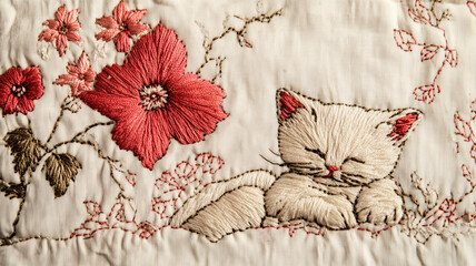 A Vintage Redwork Embroidery of a Cat Nestled Near a Flower with Delicate Stitchwork