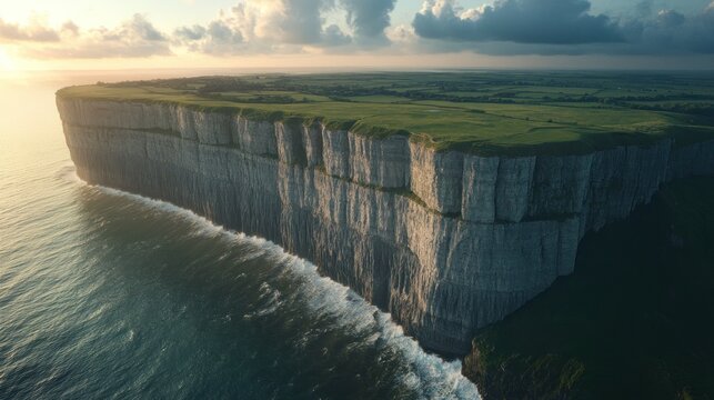 Dramatic coastal cliff rising from the ocean.  Vast, grassy plateau atop a sheer cliff face.  Sunrise or sunset light bathes the scene in warm hues.  Ocean waves crash against the base