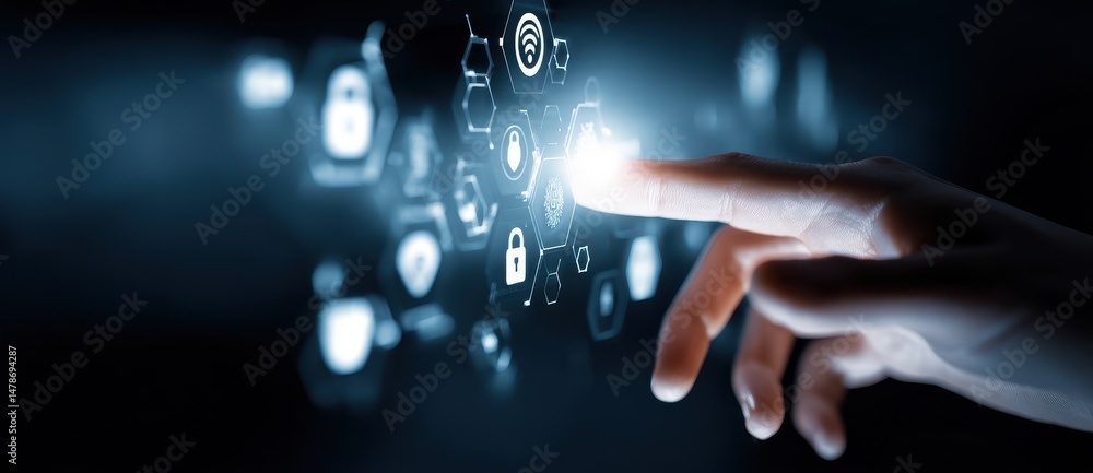 Poster digital interface with glowing icons and a fingertip touch.