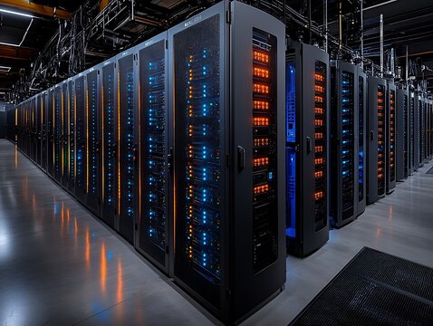 Server room interior with illuminated equipment