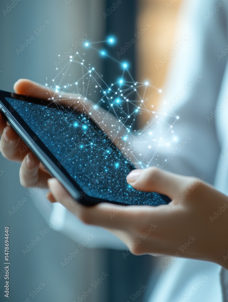Poster close up of hands holding a smartphone with digital network overlay modern technology concept mobile