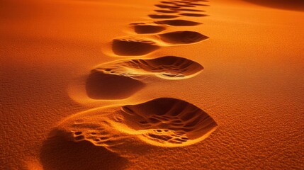 Footprints in the sand, a trail of steps.