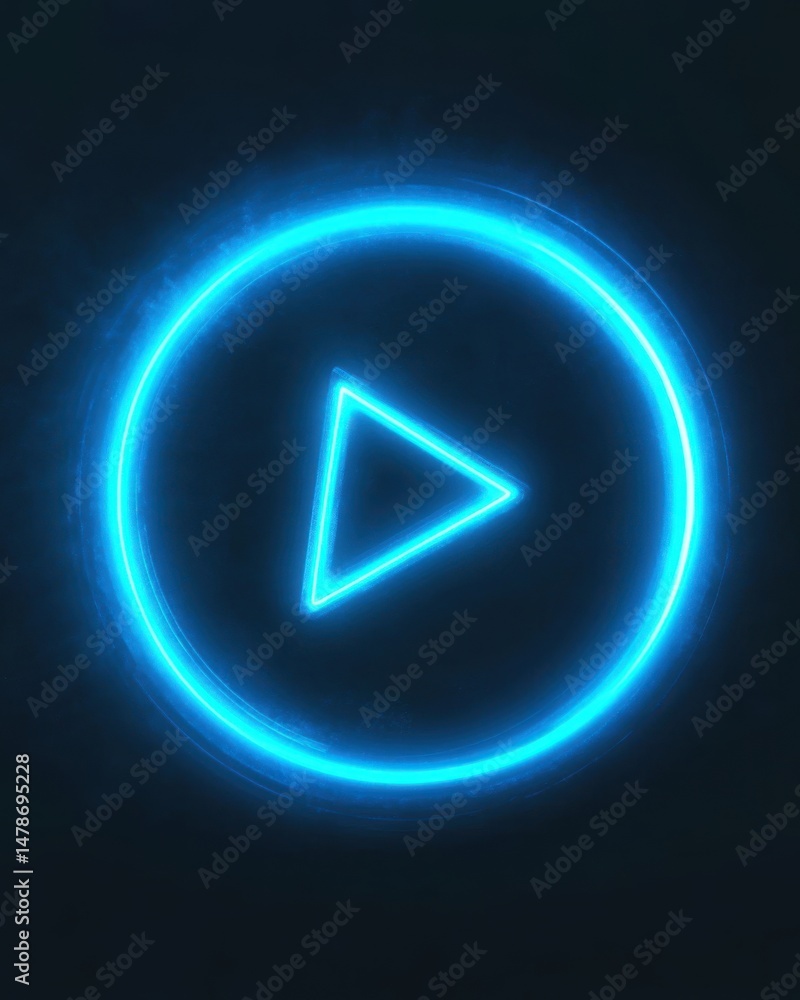 Poster glowing play button in neon blue circle on dark background close up studio shot modern design elemen