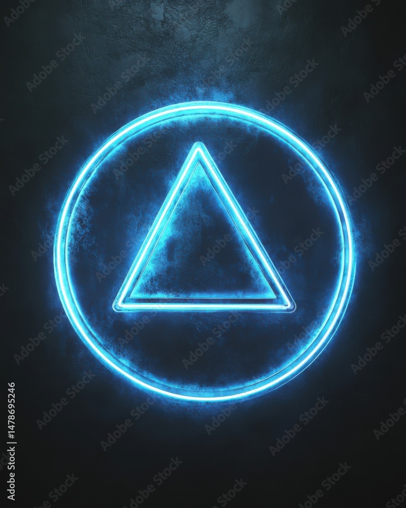 Wall mural neon triangle in circle on dark textured background close up modern graphic design element glowing b