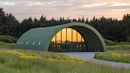 Green Metal Building Sunset Landscape