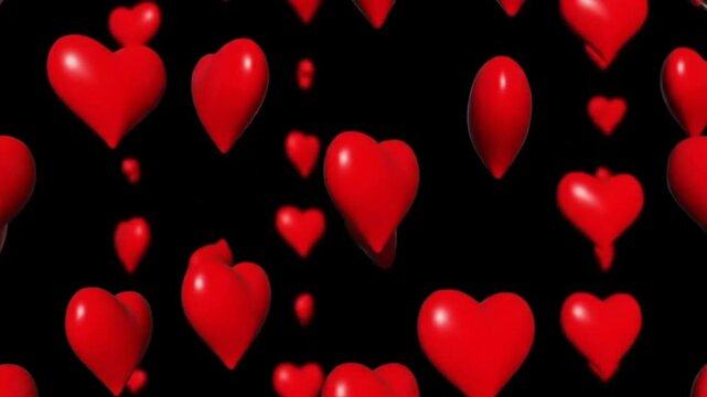 3D red hearts rotating on black background.  Generative AI.