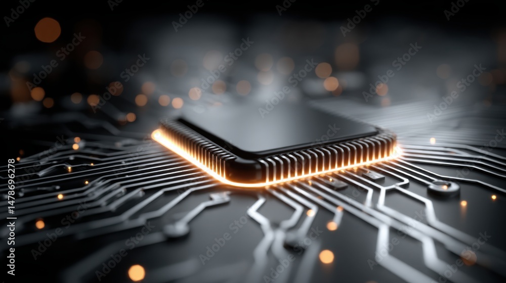 Poster circuit board with glowing orange light representing automated logic router concept for ai-led proce