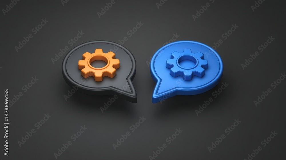 Poster two distinctly colored gears interlocking to represent automation and ai learning loops in a dynamic
