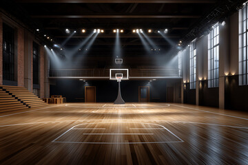 An empty wooden basketball court with spotlights shining down, creating an atmosphere of competition and excitement background
