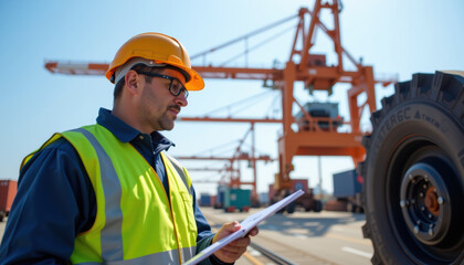 Focused industrial worker in safety vest and hard hat inspects documents at busy port, surrounded by large cranes and cargo containers, ensuring safety and efficiency