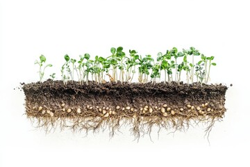 Cross-section view of rain-soaked earth revealing sprouting seeds and intricate root systems in scientific diagram style on a white background.