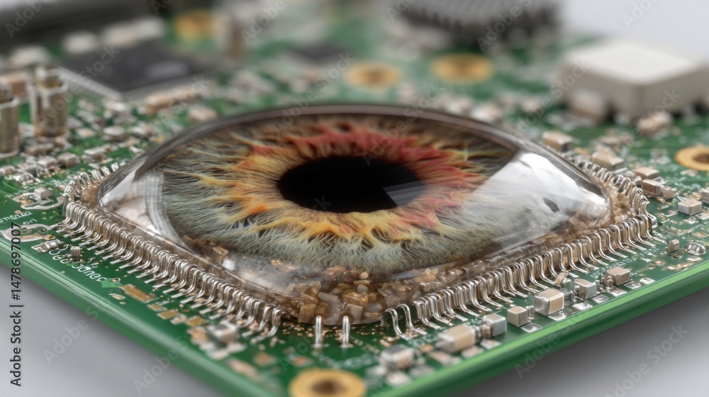 Poster close-up of a computer chip with a human eye representing the concept of automated vision processing