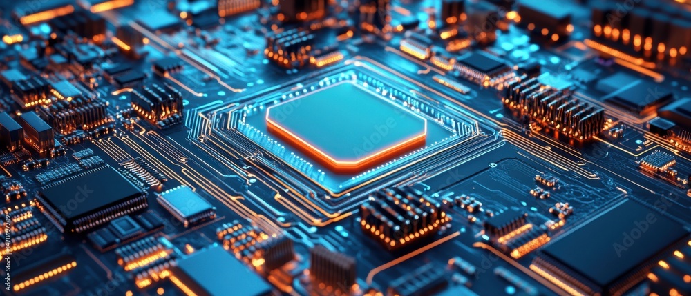 Poster macro shot of intricate circuit board with glowing orange and blue lights featuring central processo