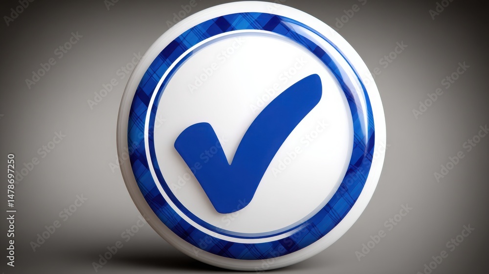 Poster blue check mark on a white button illustrating autonomous error correction and real-time fixes in di