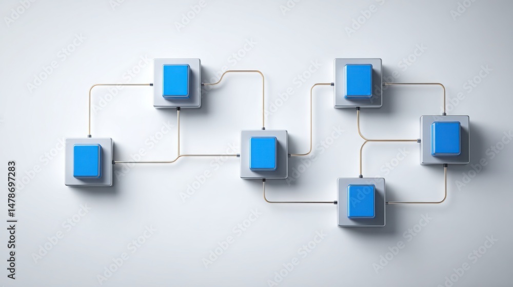 Poster wall decorated with multiple blue cubes representing autonomous computation and self-directed digita
