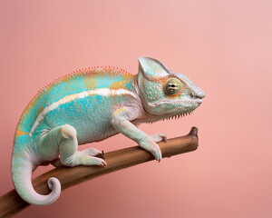 Obraz premium chameleon on a pastel branch, clean composition, soft shadows